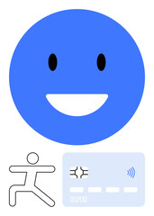 Fototapeta premium Blue happy face, minimal stick figure in movement pose, and contactless payment card graphic. Ideal for happiness, active lifestyle, finance, technology, engagement, digital innovation abstract line