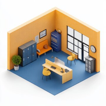 A 3D isometric view of a school office with orange brick walls, blue carpet, and small tables and chairs. 