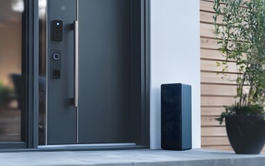 Fototapeta premium A modern entrance featuring a sleek smart speaker near a door. The stylish design harmonizes technology with home aesthetics, enhancing convenience and ambiance.