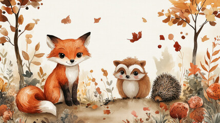 Fototapeta premium Cute animal wallpaper with watercolor-style foxes, owls, and hedgehogs scattered on a pastel background