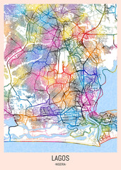 Lagos Nigeria City Map, district banner, business modern landmark, neighborhood paint travel, hometown downtown design, destination landmark