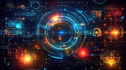 Fototapeta premium Technology-driven abstract design with glowing grids, digital symbols, and innovative tech elements 