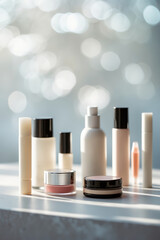 Elegant display of skincare products arranged on a surface with a blurred background during daytime