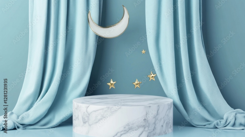 Poster this serene setting features a smooth white marble podium placed in front of gentle blue curtains, a