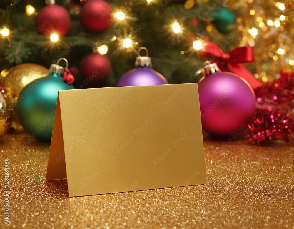 Wall mural Blank gold greeting card in front of a beautifully decorated Christmas tree.