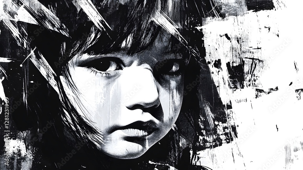 Poster captivating weathered face in dramatic black and white portrait with bold brushstrokes intense emoti