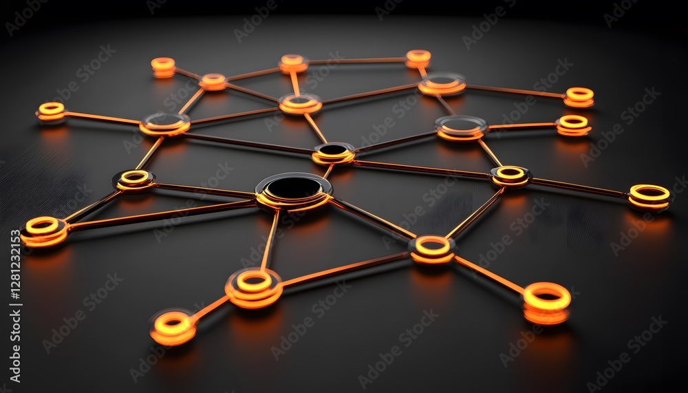 Poster an abstract representation of a network structure with glowing orange nodes connected by lines, symb