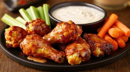 Fototapeta premium A golden-brown platter of crispy vegan cauliflower wings served with a creamy ranch dip and a side of carrot and celery sticks.