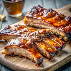 Barbecue pork ribs sliced on wooden board with sauce / Costillas de cerdo a la barbacoa cortadas en tabla con salsa