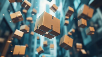 Floating cardboard boxes in an urban setting, showcasing modern logistics and delivery processes, emphasizing innovation in packaging and supply chain dynamics.