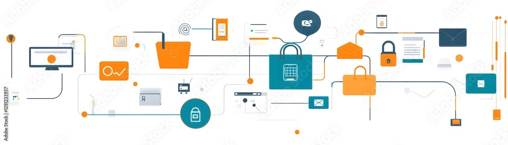 Poster modern digital connection with security and data flow icons.