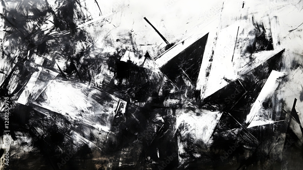 Poster Chaotic and dynamic abstract monochrome painting with fragmented intersecting geometric shapes and patterns creating a powerful energetic and visually striking composition  This modern