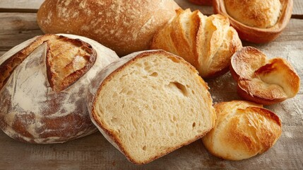 Naklejka premium plated freshly-baked artisan bread variety alongside delicate pastries on rustic wood-textured surface