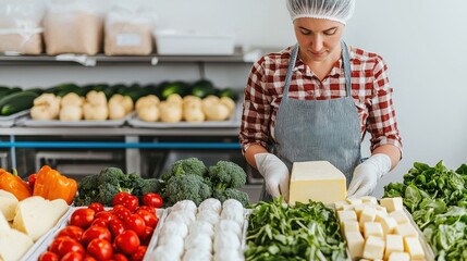 Fresh Produce and Cheese Preparation in a Commercial Kitchen Setting