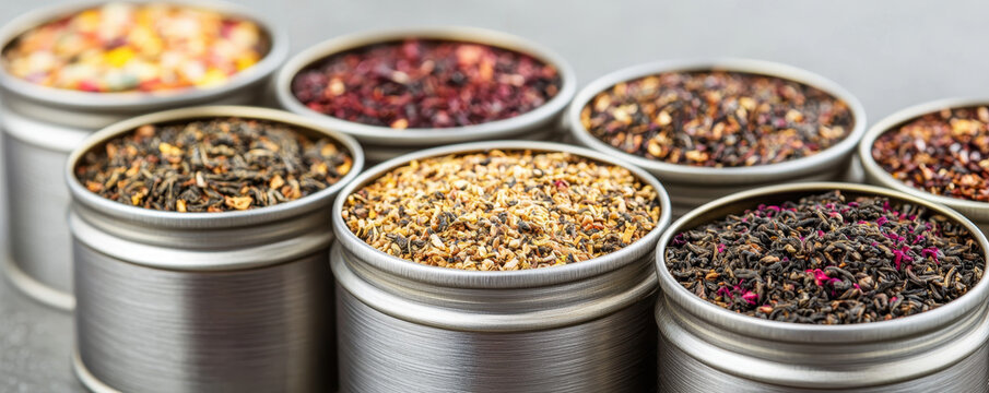 Assorted loose tea in refillable metal tins, showcasing variety