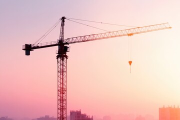 cityscape with dynamic construction cranes rising against backdrop of urban buildings silhouetted in morning light