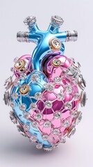 A heart-shaped graphic split into blue and pink halves, featuring an electrocardiogram line, symbolizing love and health Vibrant 3D Heart Render with Jewel-like Details