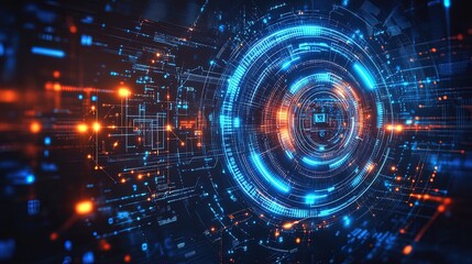 Futuristic technology theme with glowing circuit paths, digital grids, and abstract tech elements 