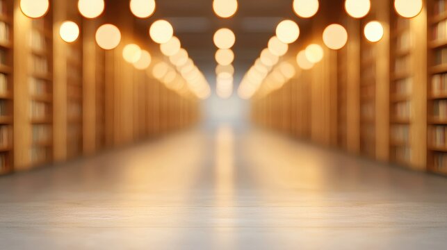 Blurred Library Aisle with Soft Bokeh Lights and Bookshelves