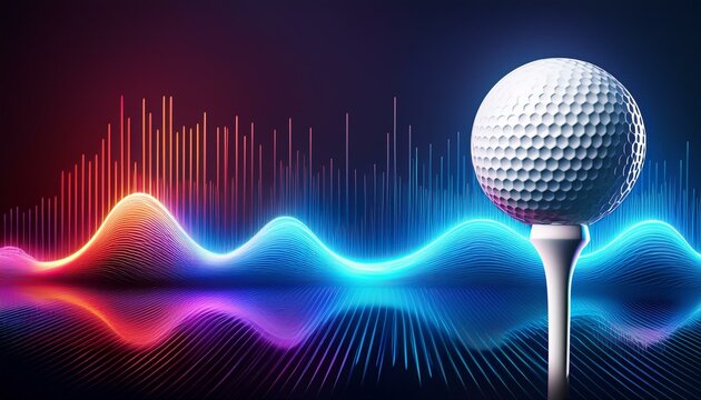 A golf ball podcast radio background on a tee, set against a backdrop of vibrant, neon light waves