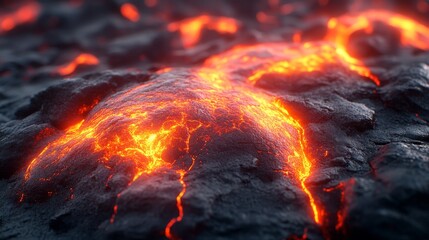 Fototapeta premium Molten lava flowing over dark, rough volcanic rock.