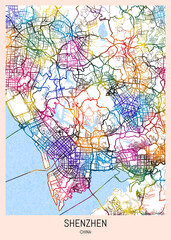 Shenzhen China City Map, district banner, business modern landmark, neighborhood paint travel, hometown downtown design, destination landmark