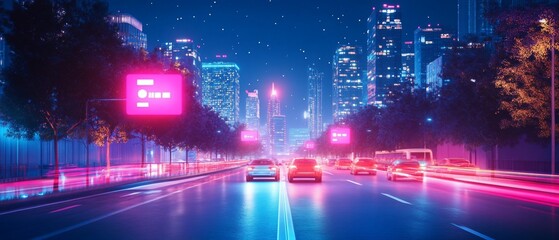 Fototapeta premium Neon city street at night with cars driving.