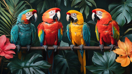 Fototapeta premium Jungle animal wallpaper featuring colorful parrots and exotic plants on a dark green backdrop
