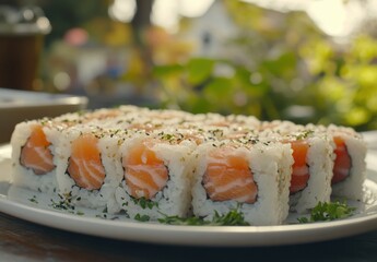 Freshly Prepared Salmon Sushi Rolls Served on a Plate Surrounded by Vibrant Nature on a Bright Sunny Day in an Outdoor Setting