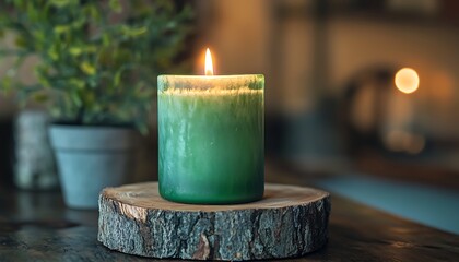 A nature-inspired candle with green wax placed on a bark slice