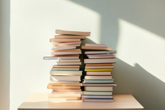 desk bathed in natural light displaying closely arranged stack of varied books and study materials invitingly open