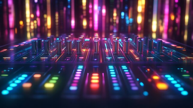 Neon Lit Music Mixer Control Panel