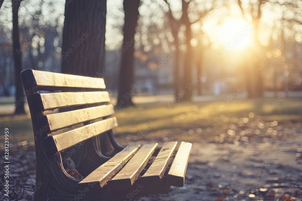 Poster Sunset view of a park bench surrounded by trees and fallen leaves in autumn serenity. Generative AI