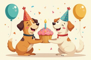 Fototapeta premium Two cheerful canines celebrating a joyous occasion with a delightful cupcake and festive balloons.