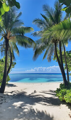 Obraz premium Idyllic tropical beach paradise with palm trees and turquoise waters in summer day