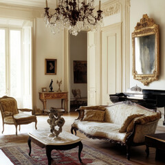 French provincial interiors blend rustic elegance with soft colors, antique furniture, natural materials, and ornate details.