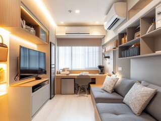 A small but well designed studio apartment interior with furniture