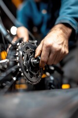Obraz premium meticulous shot of bike brake adjustment process mechanic skilled hands working with precision background softly blurred