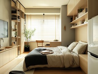 Obraz premium A modern bedroom features a bed and a small desk