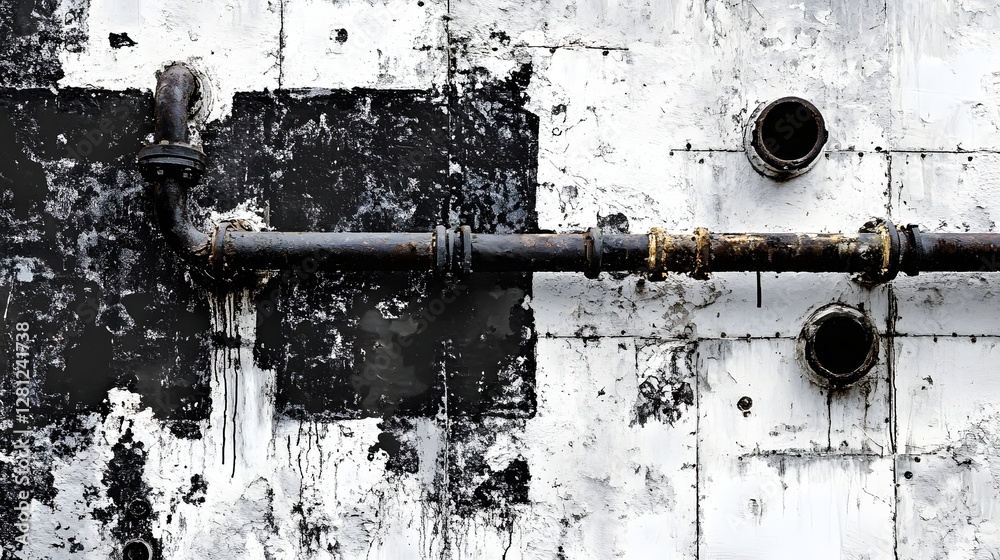 Poster close up view of a dilapidated rusted metallic pipe against a gritty weathered industrial background