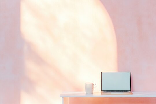 modern minimalist workspace featuring sleek laptop and stylish coffee cup on clean uncluttered desk bathed in natural