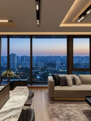 Fototapeta premium Evening twilight shows a city skyline from within a home