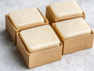 Solid shampoo bars in eco friendly packaging on textured surface