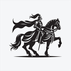 Fototapeta premium Knight with Horse Silhouette in Black and White for Medieval and Warrior-Themed Designs
