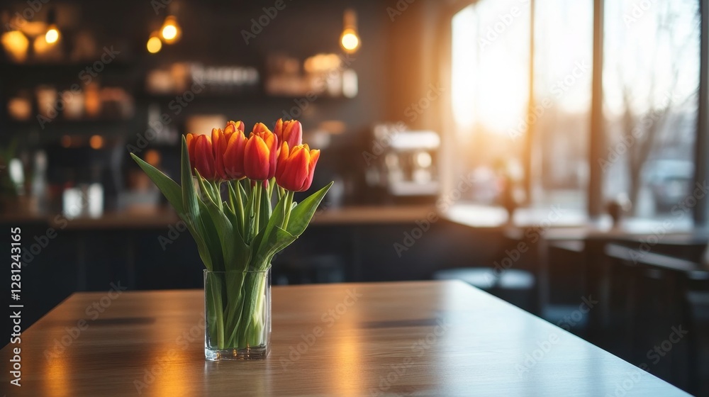 Poster a vibrant bouquet of red and yellow tulips sits in a glass vase on a wooden table in a cafe. soft li