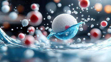 dynamic digital 3D artwork featuring hovering sphere surrounded by smaller spheres and splashes of...