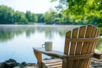 Fototapeta premium Serene Lakeside Retreat with Wooden Chair and Coffee Mug in Tranquil Nature Setting