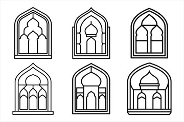 Fototapeta premium Set of hand drawn sketch mosque window for children coloring book line art vector illustration on white background.