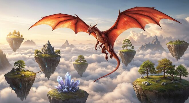 Fiery Red Dragon in Floating Islands Landscape