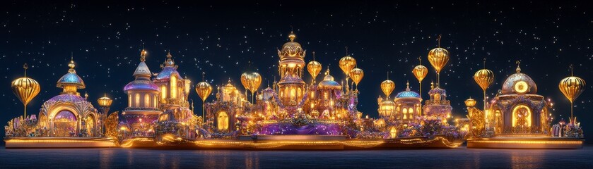 Obraz premium A vibrant, illuminated cityscape at night, featuring ornate buildings and floating lanterns against a starry sky.